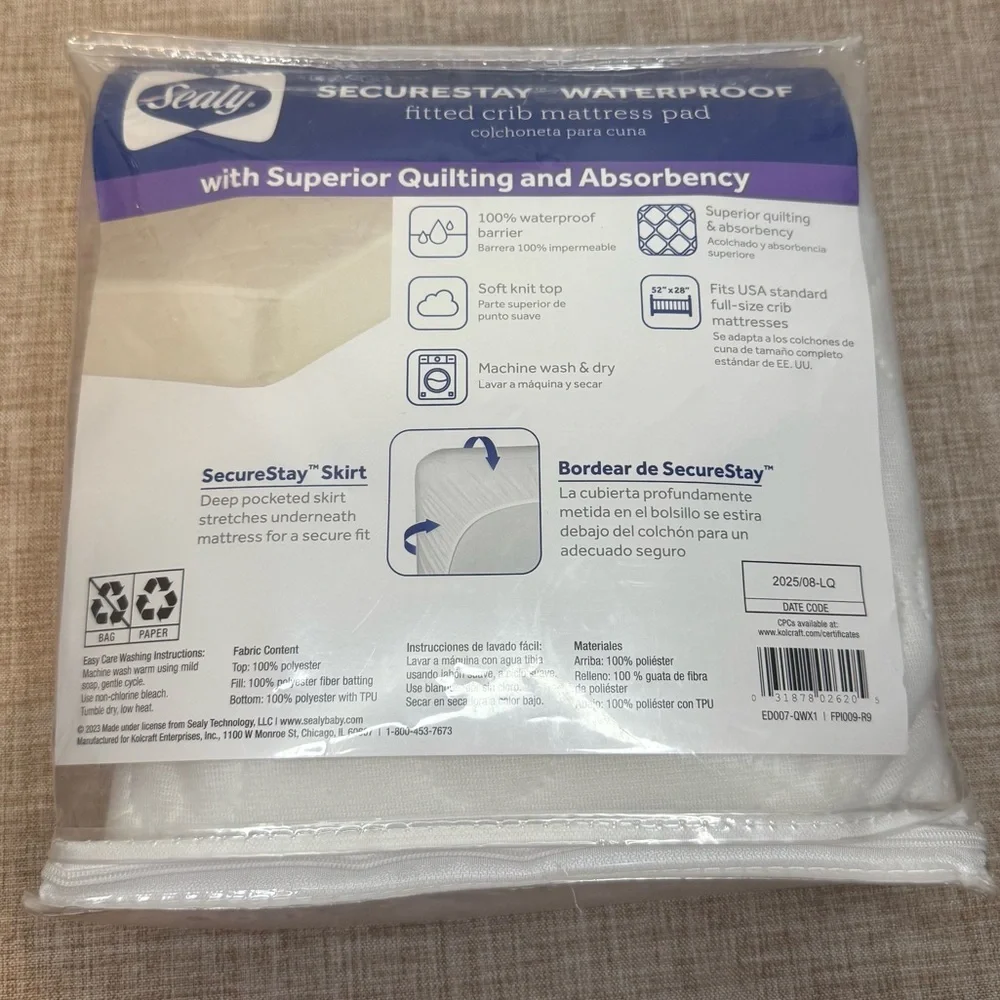 Sealy Securestay Waterproof Fitted Crib Mattress Pad 52x28 Inches New In Package